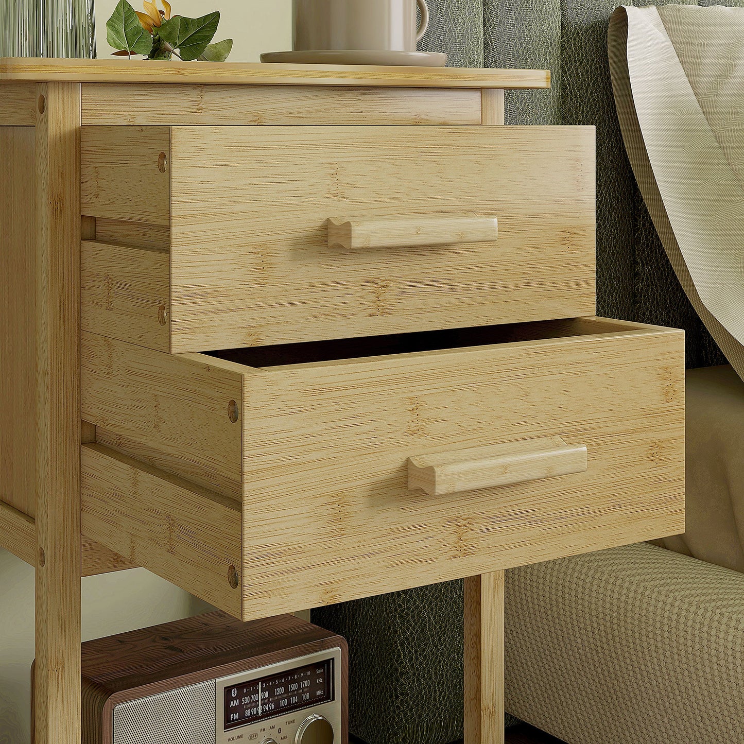 Set of 2 Nordic Style Bedside Tables with 2 Drawers and Lower Shelf, Bamboo, 40x34x60 cm