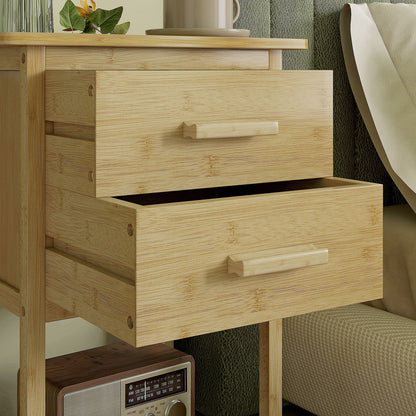 Set of 2 Nordic Style Bedside Tables with 2 Drawers and Lower Shelf, Bamboo, 40x34x60 cm