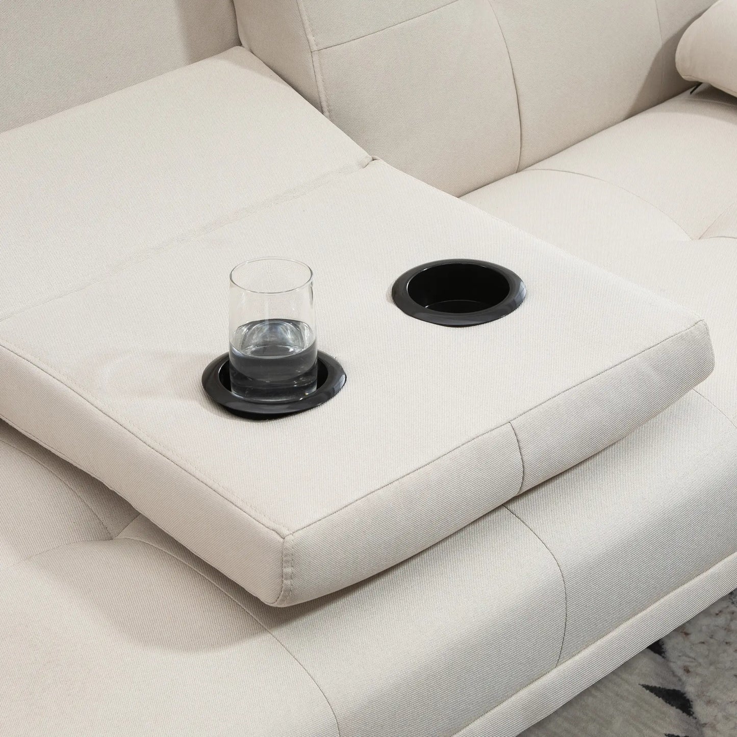 3 Seater Reclining Sofa Bed with Linen Effect Upholstery and Drop-Leaf Table, Beige