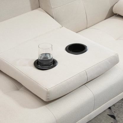 3 Seater Reclining Sofa Bed with Linen Effect Upholstery and Drop-Leaf Table, Beige