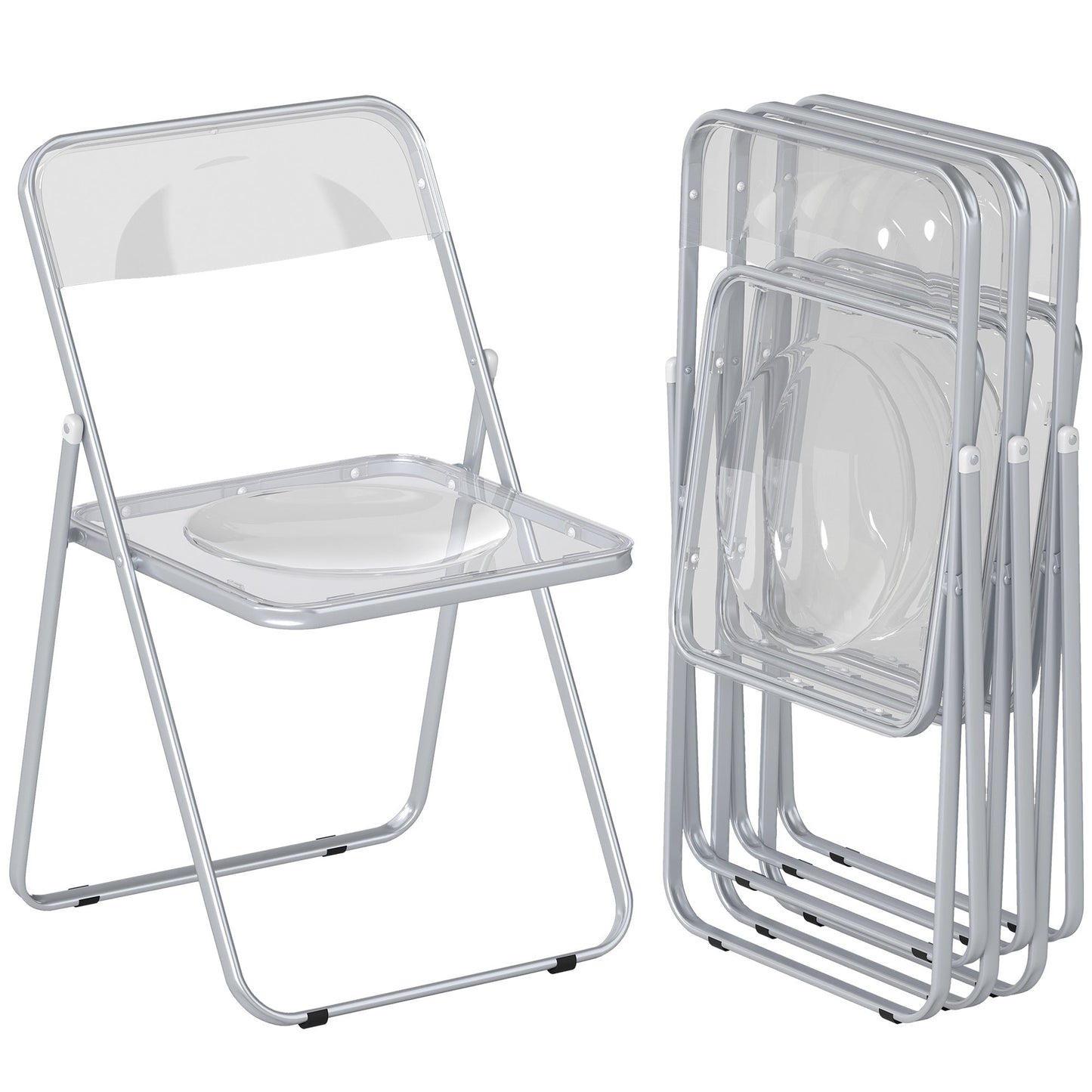Set of 4 Space-Saving Folding Chairs for Living Room and Events, Steel and Acrylic, Transparent