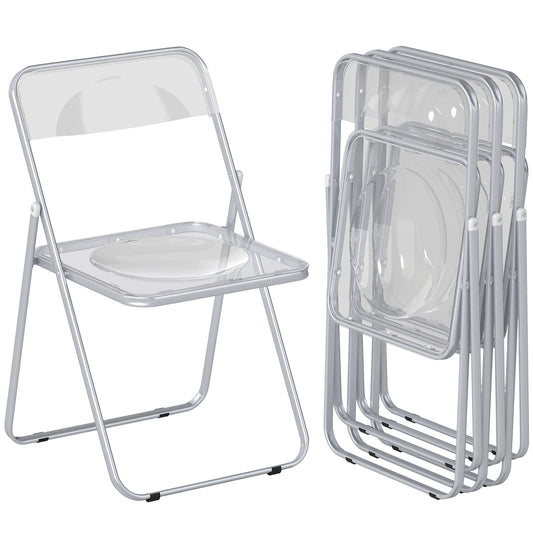 Set of 4 Space-Saving Folding Chairs for Living Room and Events, Steel and Acrylic, Transparent