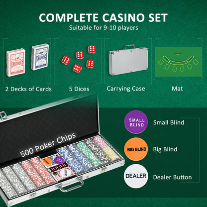 Poker Set for 10 Players – 500 Chips, 2 Card Decks & 5 Dice in Aluminum Carry Case