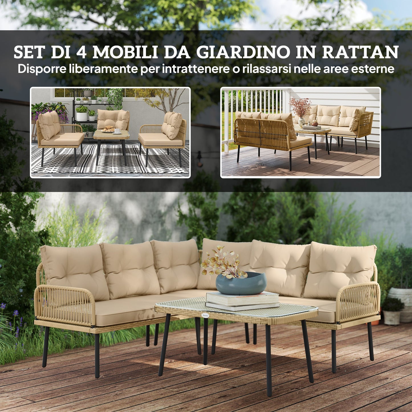 Rattan Garden Lounge Set 2 Sofas and Corner Chair with Cushions, Glass Coffee Table, Wood Color