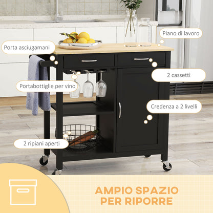 Classic Kitchen Trolley with Drawers, Wheels and 2-Door Space-Saving Cabinet 89x40x84cm, Black