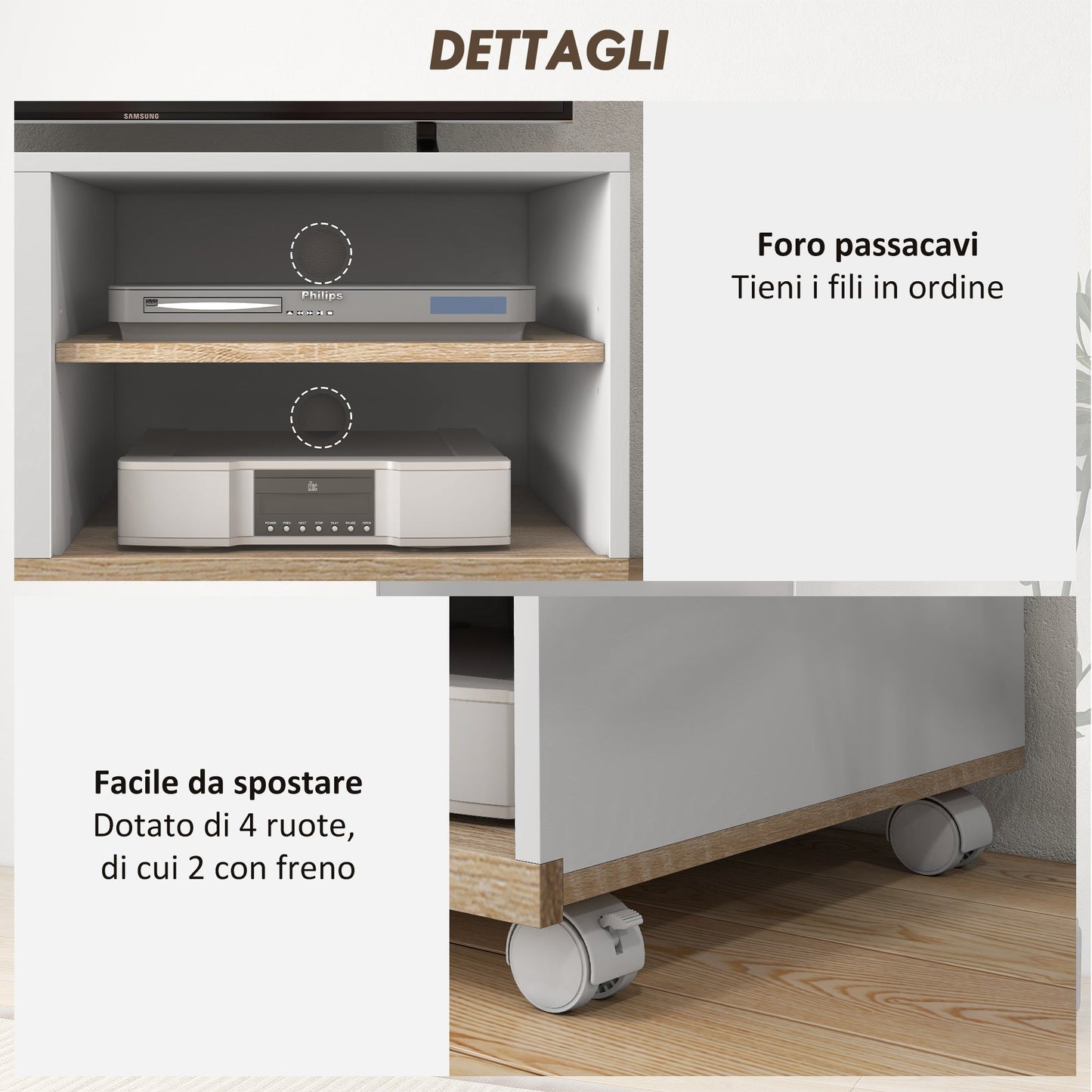 42" Max TV Stand with 2 Open Shelves and Door and Wheels, Chipboard, 80x45x39.5 cm, White