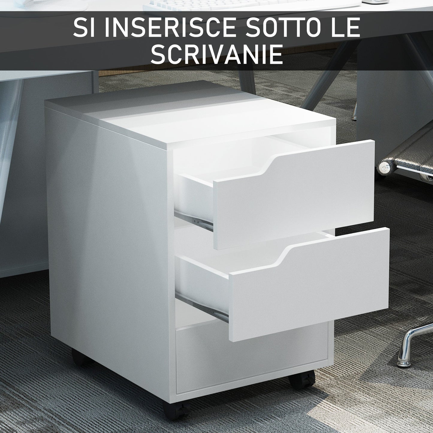 3 Drawer Office Chest with Retractable Handles, Wood and Metal, 40x50x57.5 cm, White