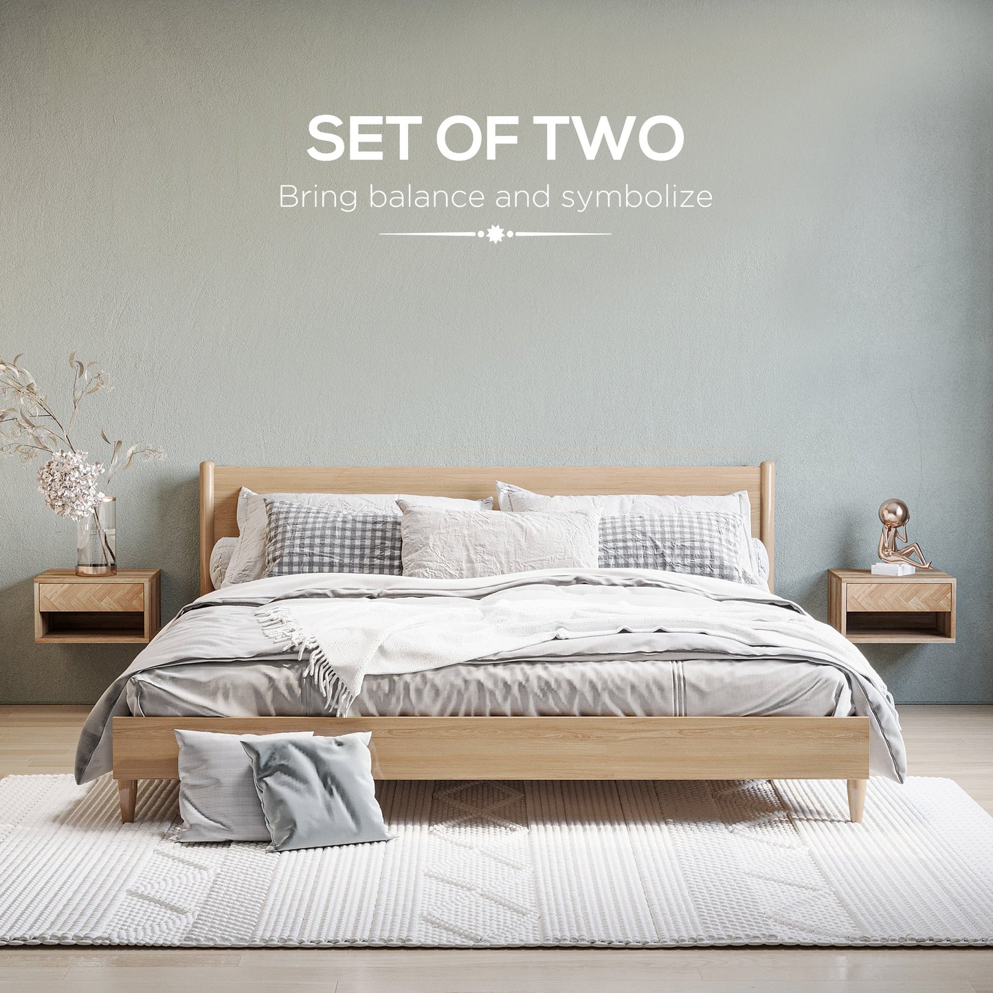 Set 2 modern bedside tables suspended with drawer and wooden shelf 37x32x21cm, natural color