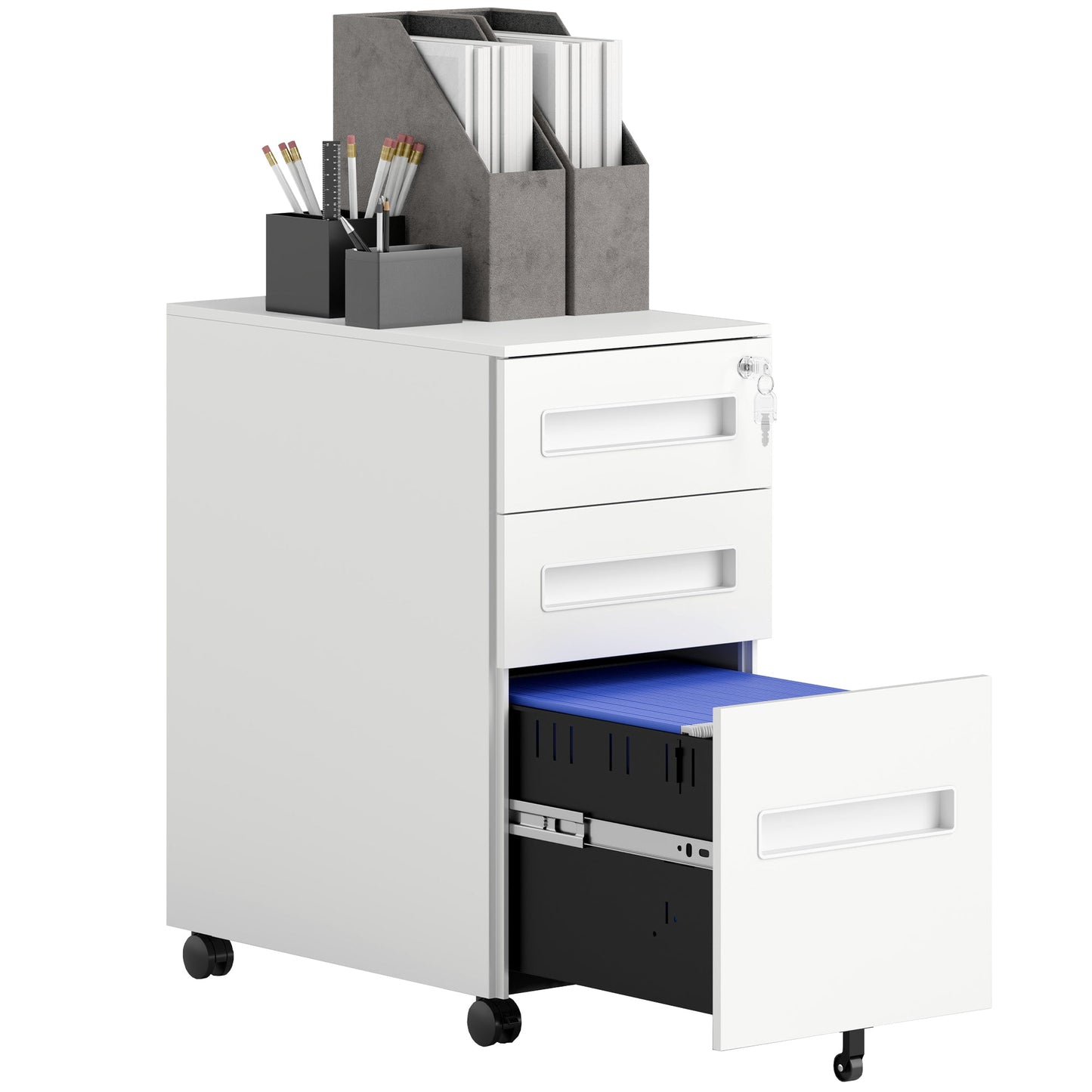 Steel Document Holder on 5 Wheels with 2 Drawers and Pen Tray, 30x43.5x60 cm, White