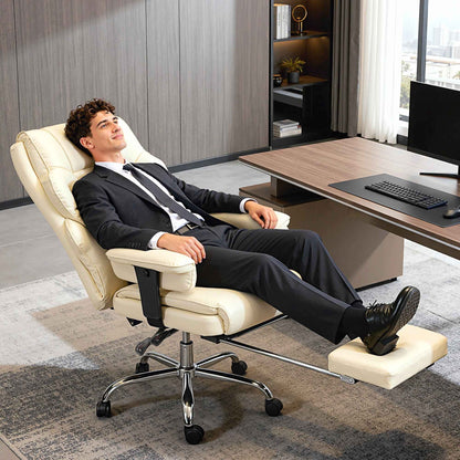 Office Chair with Footrest and Headrest, PU Leather, Foam and Metal, 76x73x117-125 cm, Cream White