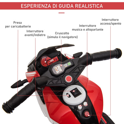 Electric Motorcycle for Children 3-5 Years Max. 25kg with Lights, Music, 6V Battery and 3km/h Speed, 86cm x 42cm x 52cm Red