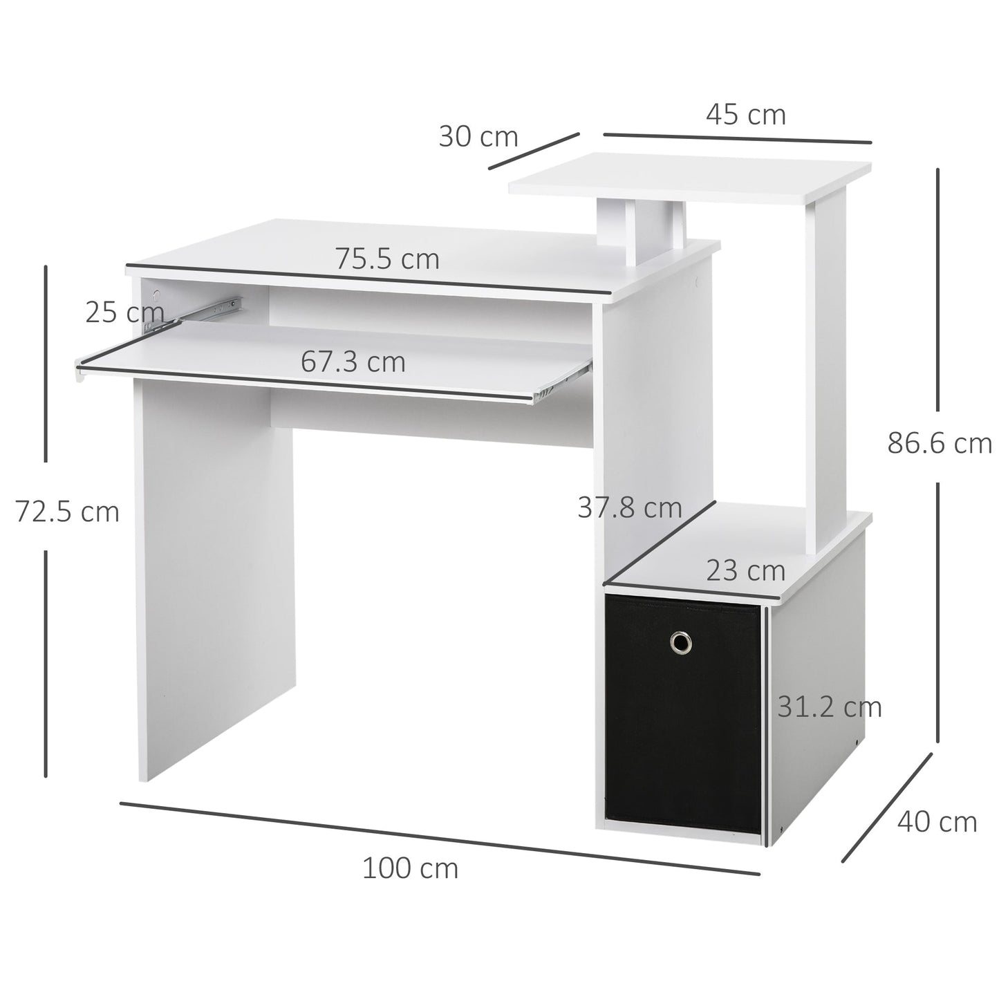 Modern Desk with Keyboard Shelf and Fabric Drawer, 100x40x86.6cm, Black and White