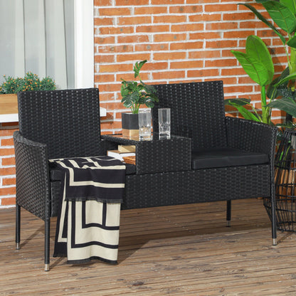 2 Seater Outdoor Sofa with Coffee Table, Steel and PE Rattan, 137x59x82 cm, Black