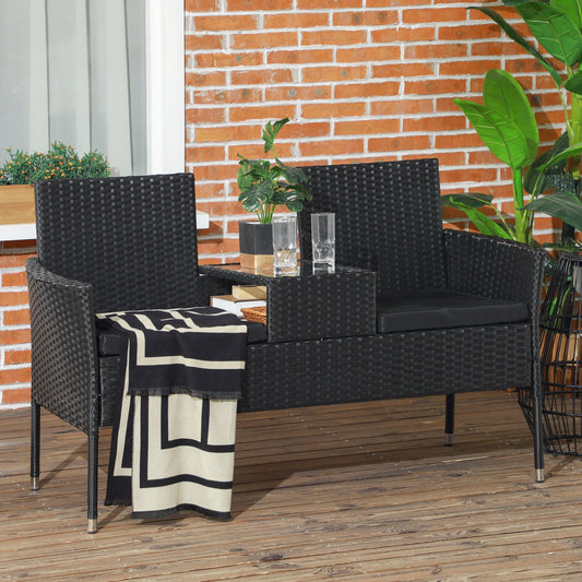 2 Seater Outdoor Sofa with Coffee Table, Steel and PE Rattan, 137x59x82 cm, Black