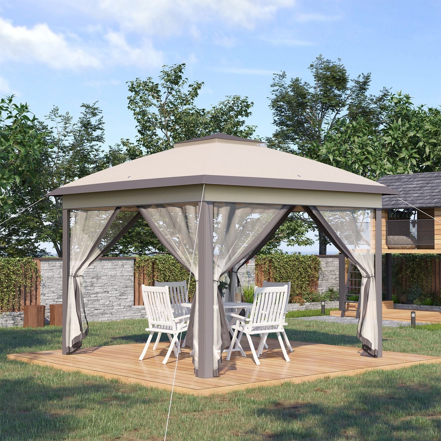 Pop Up Gazebo, Double Roof Foldable Canopy Tent with Zippered Mesh Sidewalls, Height Adjustable and Carrying Bag, Event Tent for Patio Garden Backyard, Beige 330x330x288cm