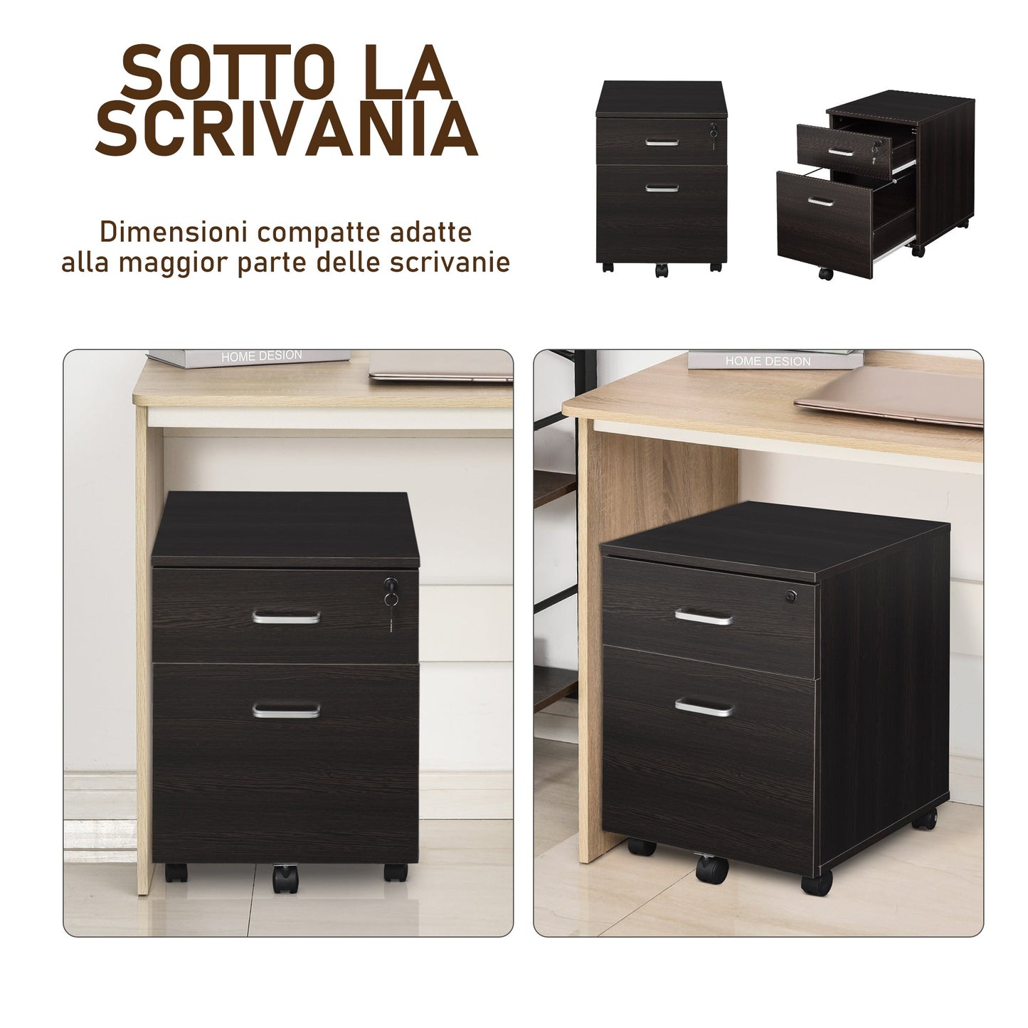 Office File Cabinet Wooden Desk Drawer Cabinet, 2 Drawers, Lock with 2 Keys, Black, 40x45x55.6cm
