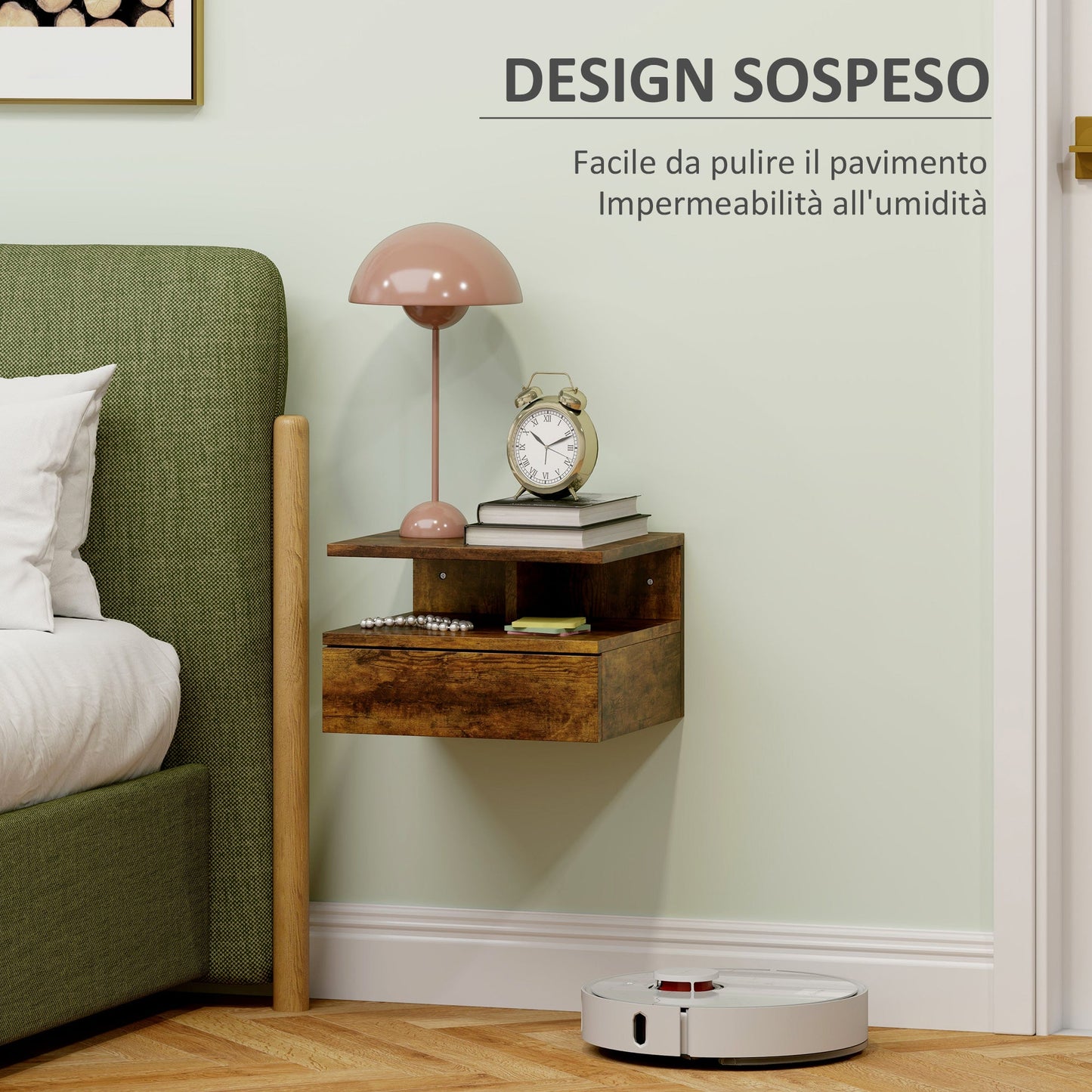 Set of 2 Floating Nightstands for Bedroom with Drawer and Wooden Shelf 35x32x22.5cm, Brown