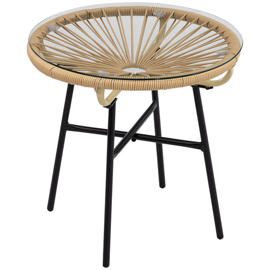 Round Garden Coffee Table Boho Style PE Rattan and Glass, Ø50x50cm, Beige