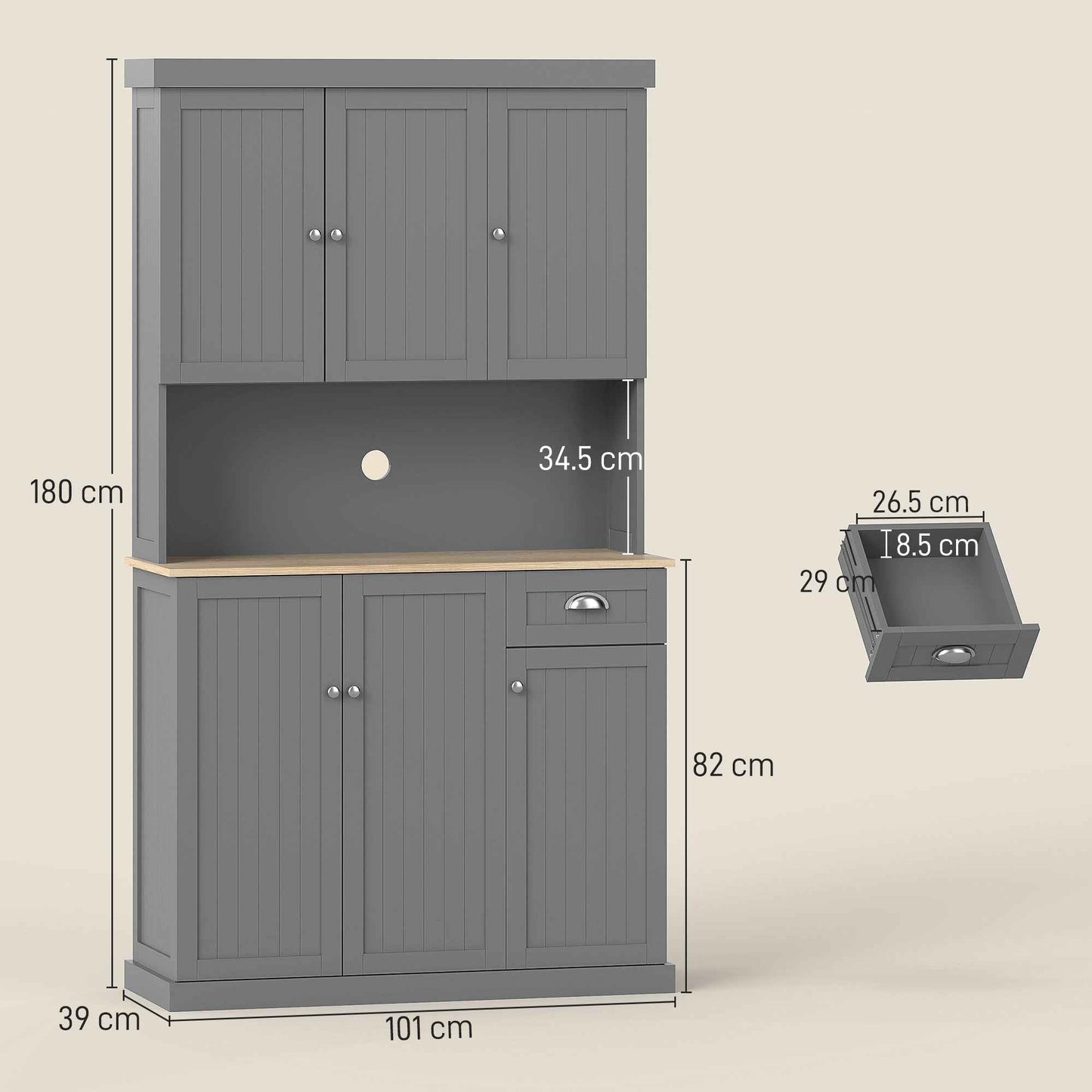 Country Kitchen Cabinet Sideboard with Adjustable Shelves 101x39x180cm Grey