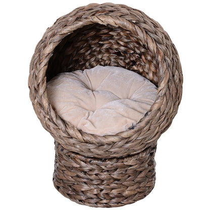 Raised Cat Bed with Cushion, Natural Banana Leaf House, Beige and Brown, 42x33x52cm