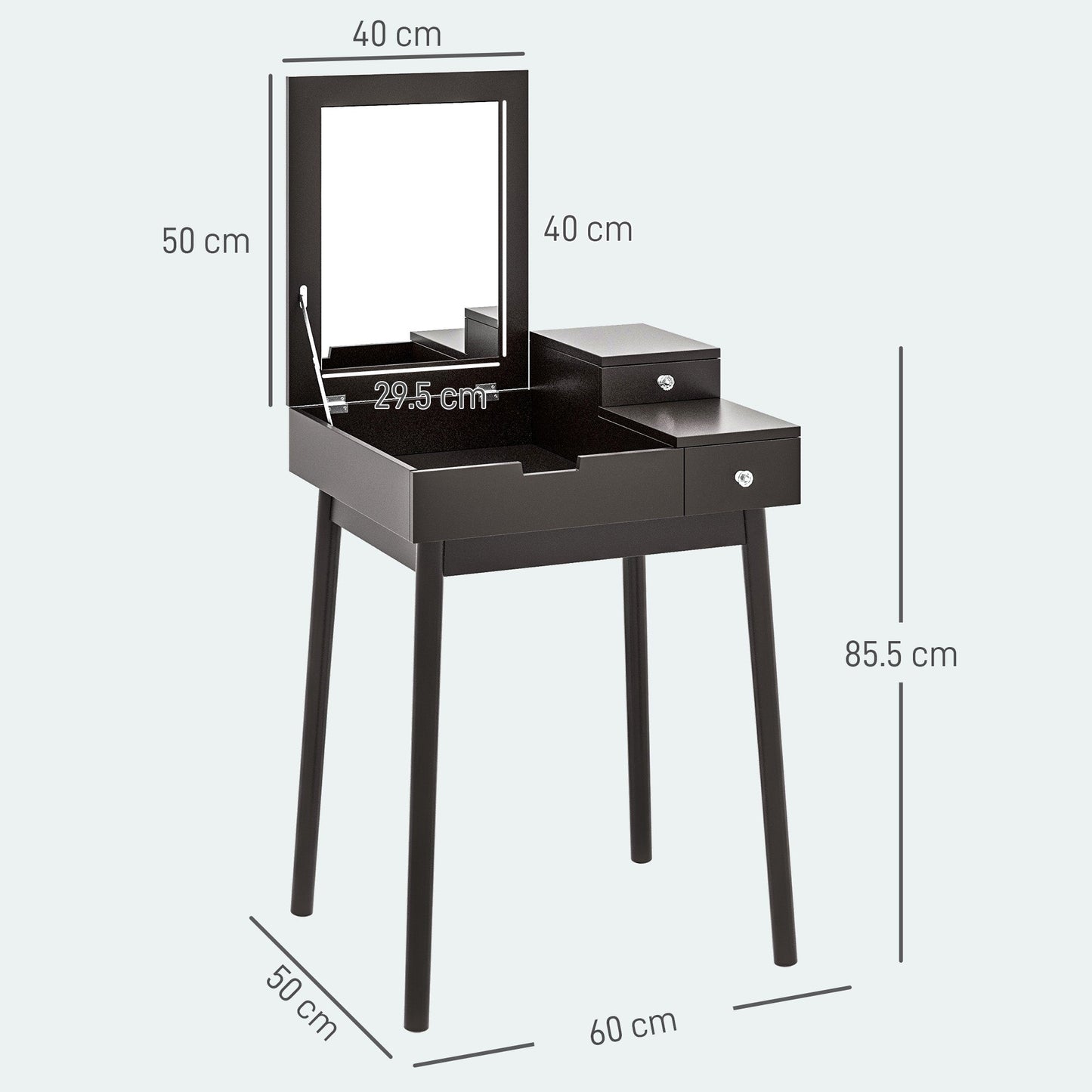 2 in 1 Dressing Table with Folding Mirror and 2 Drawers, 60x50x85.5 cm, Black