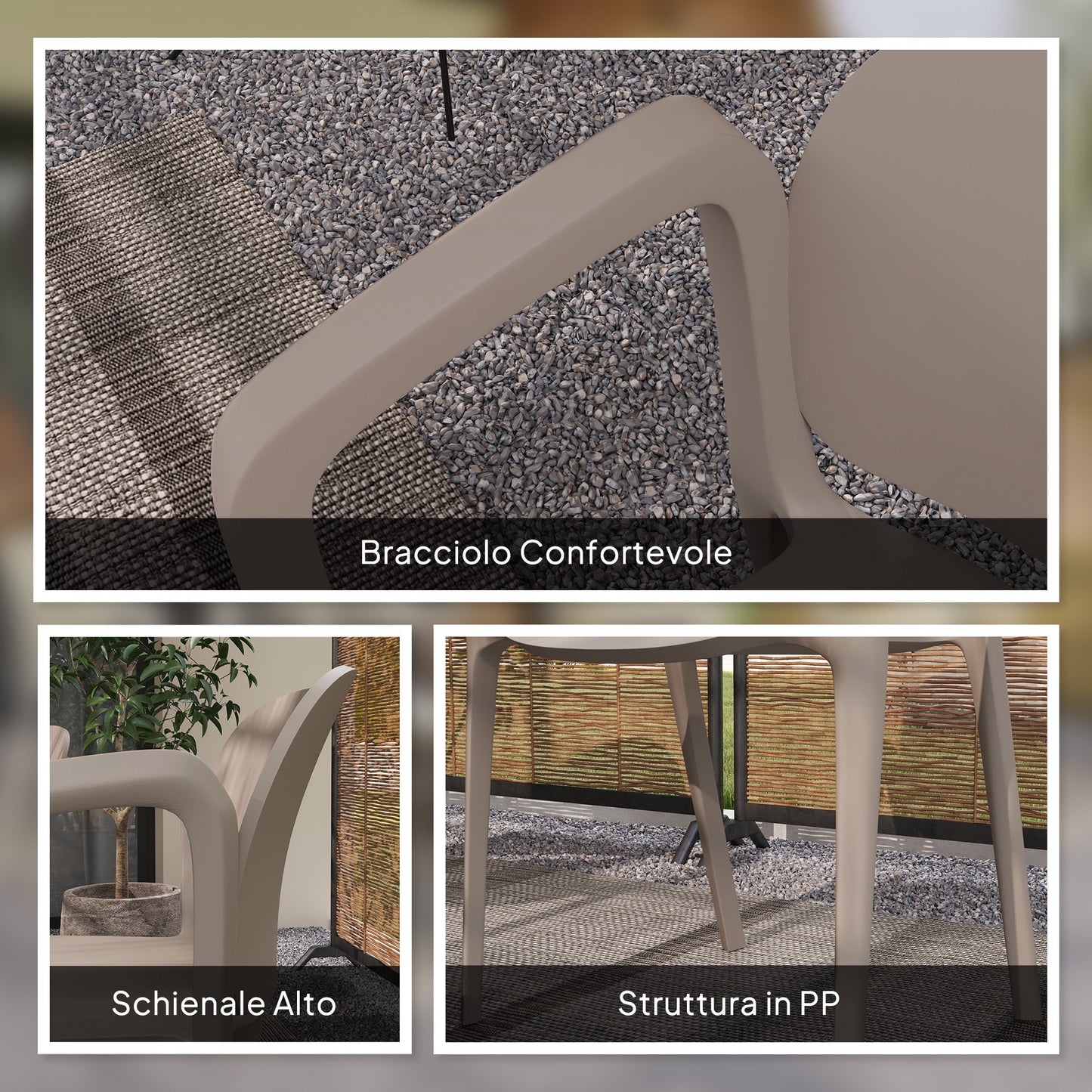 Set of 4 Stackable Garden Chairs in Modern Plastic with Armrests 60x56x75 cm, Grey