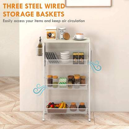 3-Tier Kitchen Trolley with Side Basket and Hook, Chipboard and Steel, 58x18.5x87 cm