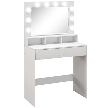Dressing Table with Mirror and 10 Adjustable LED Lights, 2 Drawers and 3 Compartments, 80x40x135 cm, White