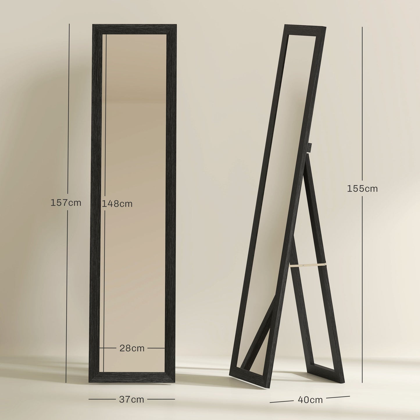 Wall and Freestanding Mirror with MDF Frame for Entrance, Living Room and Bedroom, Black