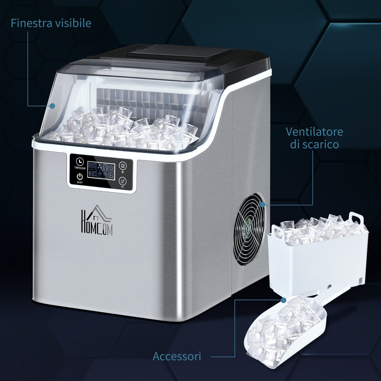 Ice Machine 20kg in 24 Hours, 24 Cubes in 14-18 Minutes with Adjustable Size, 3.2L Tank and Self-Cleaning System, Silver