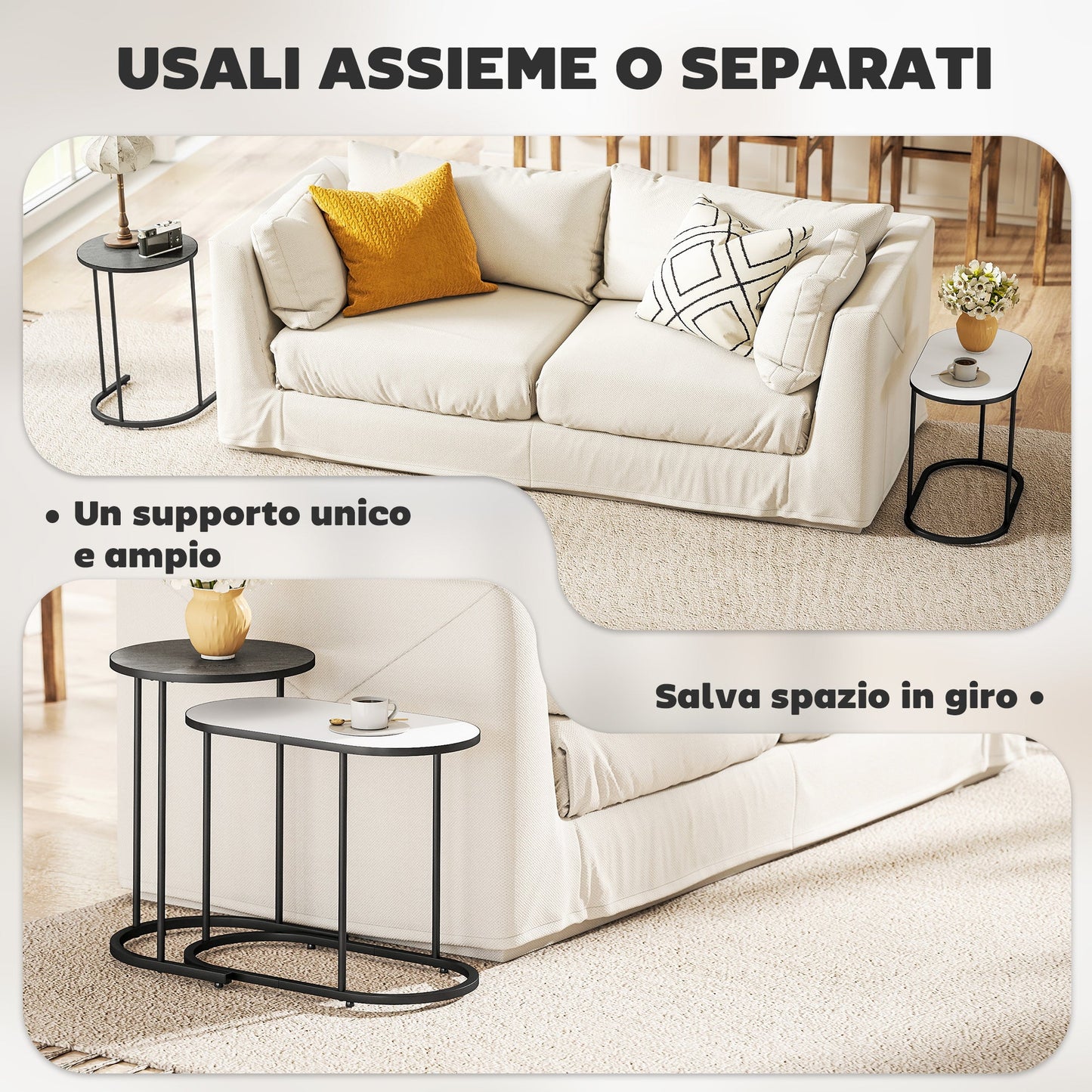 Set of 2 Stackable Coffee Tables with Metal Frame for Living Room and Office, Grey and White