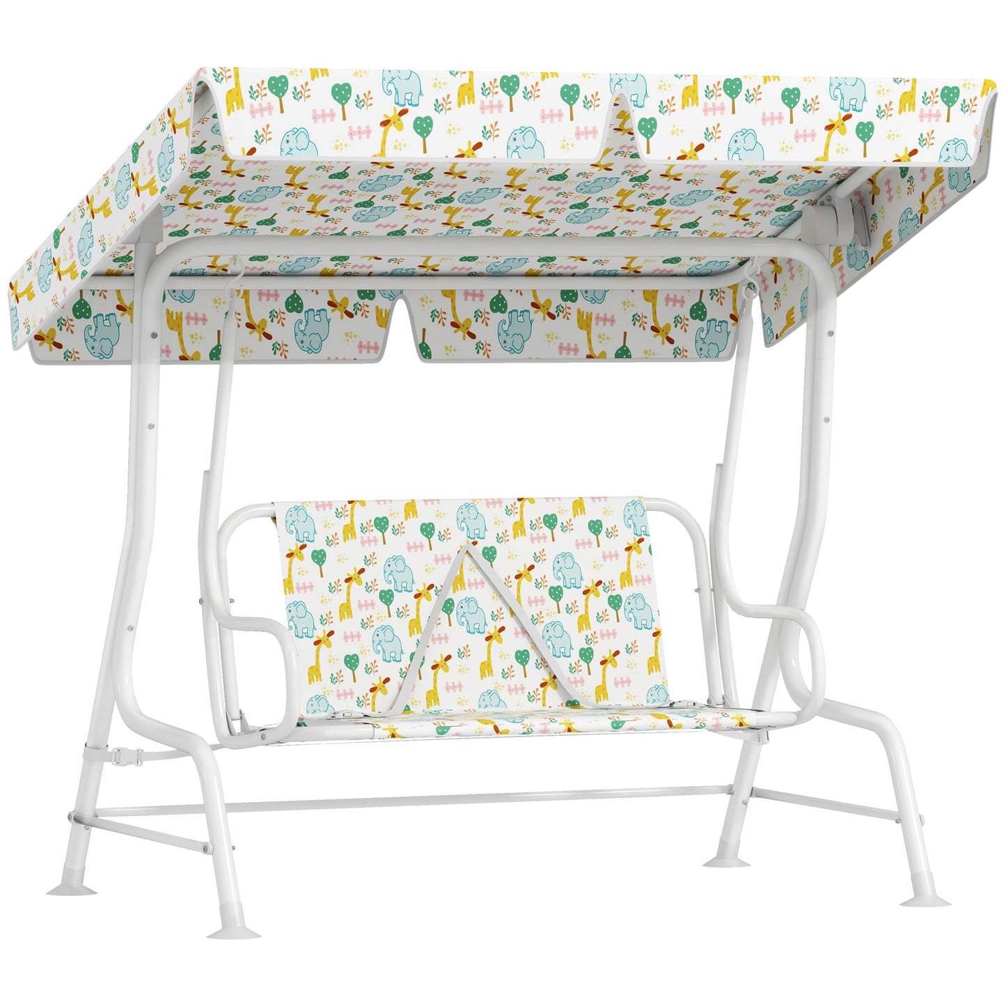 2-Seater Outdoor Children's Swing with Adjustable Canopy and Safety Belts, 112x75x120 cm, White2-Seater Outdoor Children's Swing with Adjustable Canopy and Safety Belts, 112x75x120 cm, White