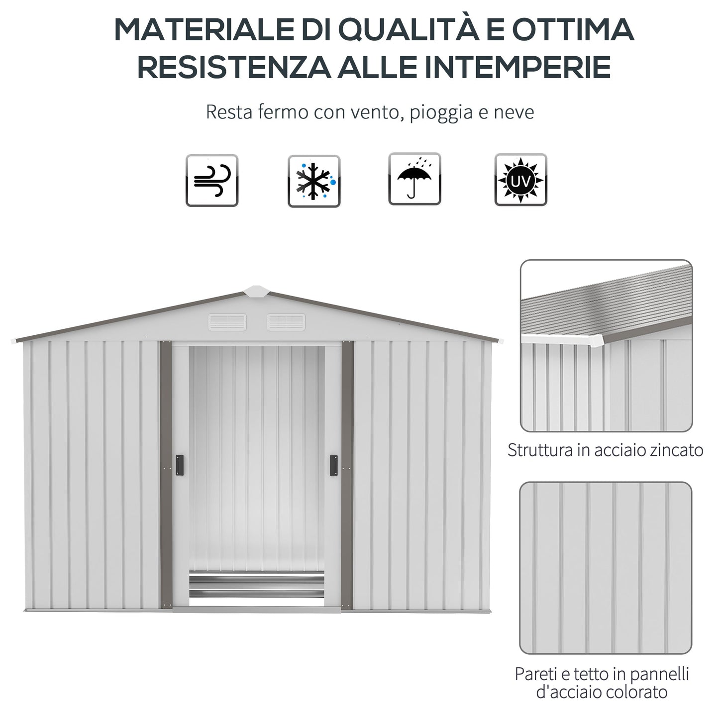 Garden Shed with Double Sliding Doors, Steel, 277x195x192cm, Silver / White