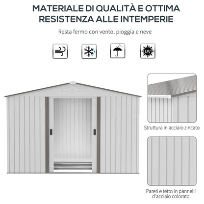 Garden Shed with Double Sliding Doors, Steel, 277x195x192cm, Silver / White