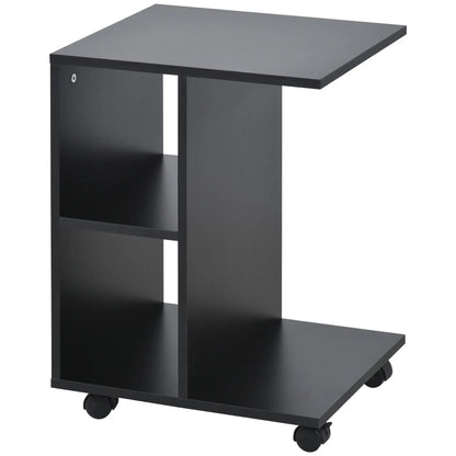 C-Shaped Coffee Table with 2 Open Shelves and 4 Swivel Wheels, 45x35x58 cm, Black