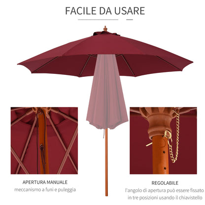 2.5x2.5m Garden Umbrella with Red Polyester Windproof Canopy and Wooden Pole