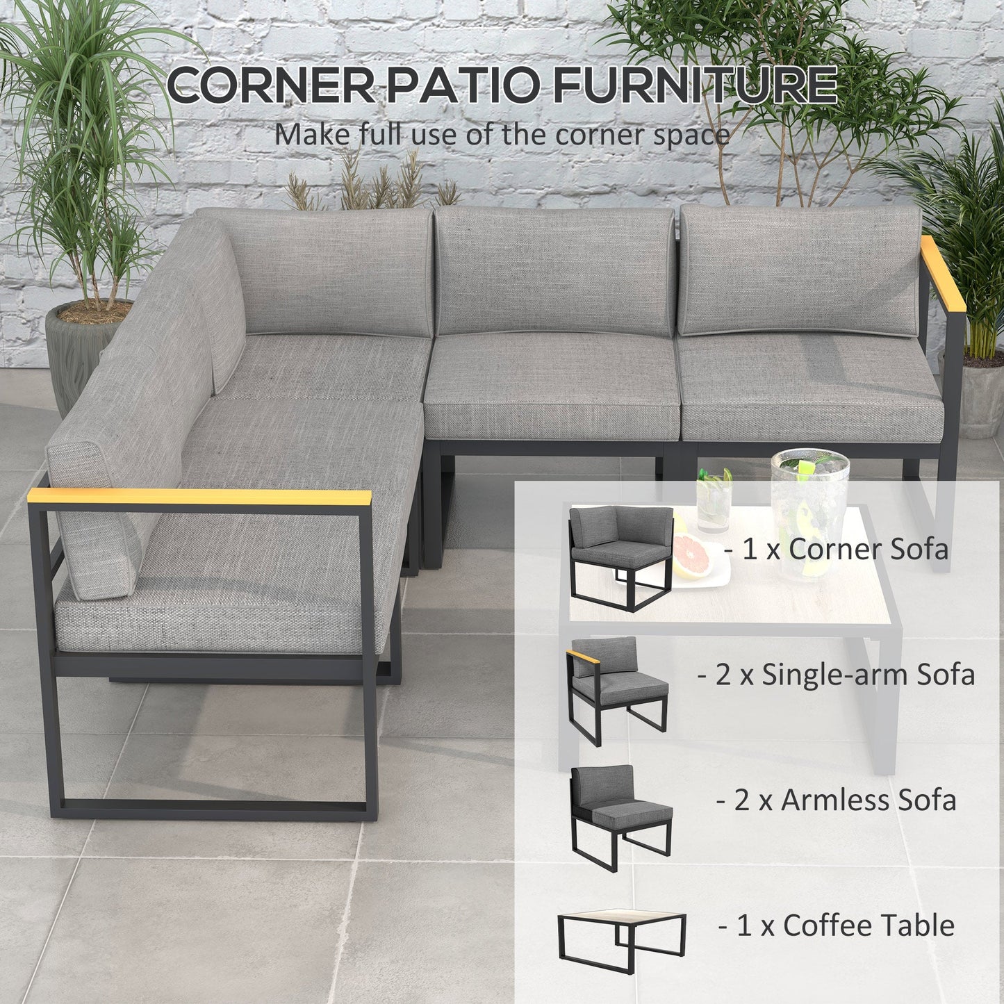 Lounge Set with Sofa and Coffee Table in Aluminum with Padded Cushions, Grey