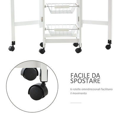 Kitchen Trolley with 3 Baskets, Drawer and Flaps, 6 Swivel Wheels, in MDF and Metal, 37x37x77.5cm, White and Wood