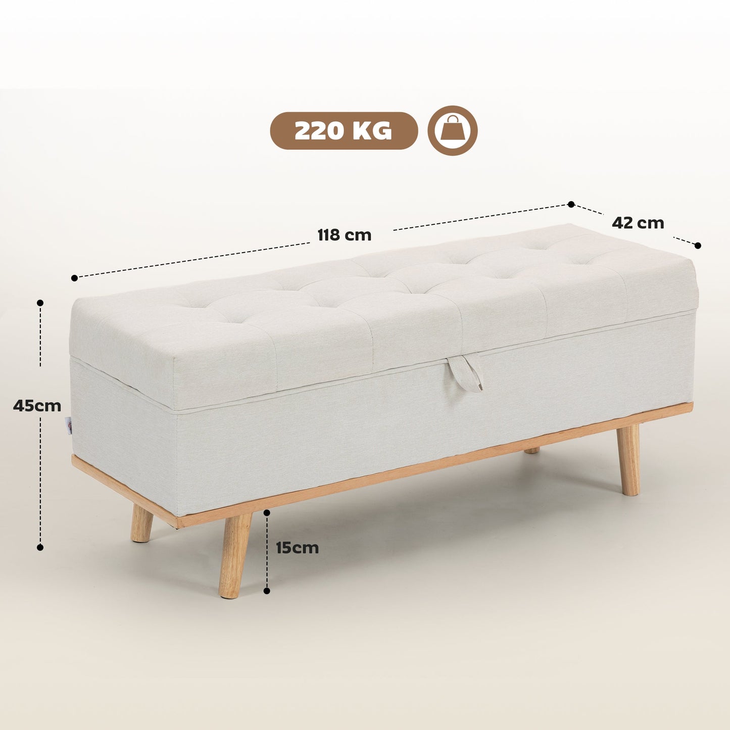 80L Padded Storage Bench with Fabric Upholstery and Wooden Legs, 118x42x45 cm, Cream