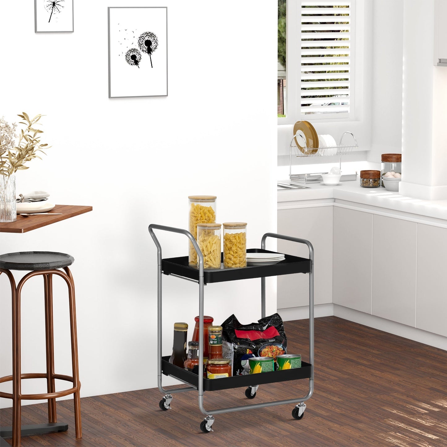 Trolley 2 levels with swivel handles and wheels, in metal, 63x40.4x83.5 cm