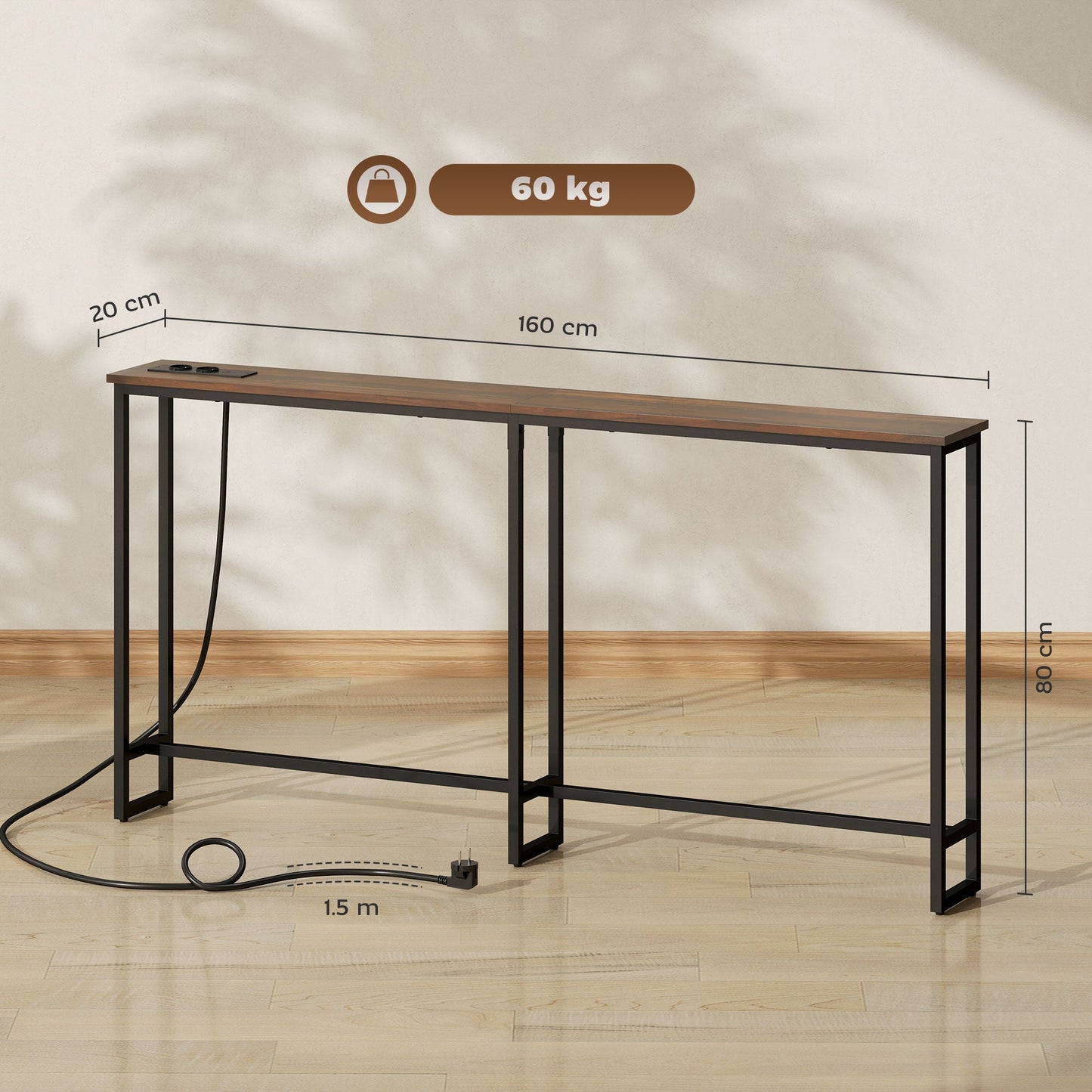 Industrial Style Console Table with Charging Station, in Wood and Steel, 160x20x80 cm, Brown