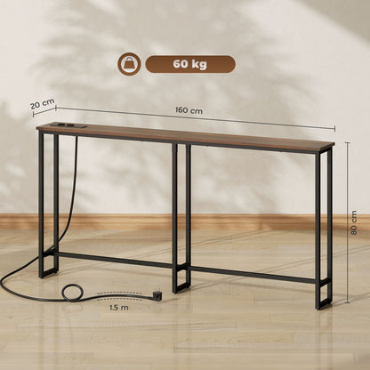 Industrial Style Console Table with Charging Station, in Wood and Steel, 160x20x80 cm, Brown