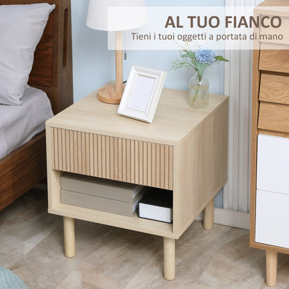 Modern Bedside Table with Drawer and Open Shelf in Chipboard, 47x47x50 cm, Wood Color