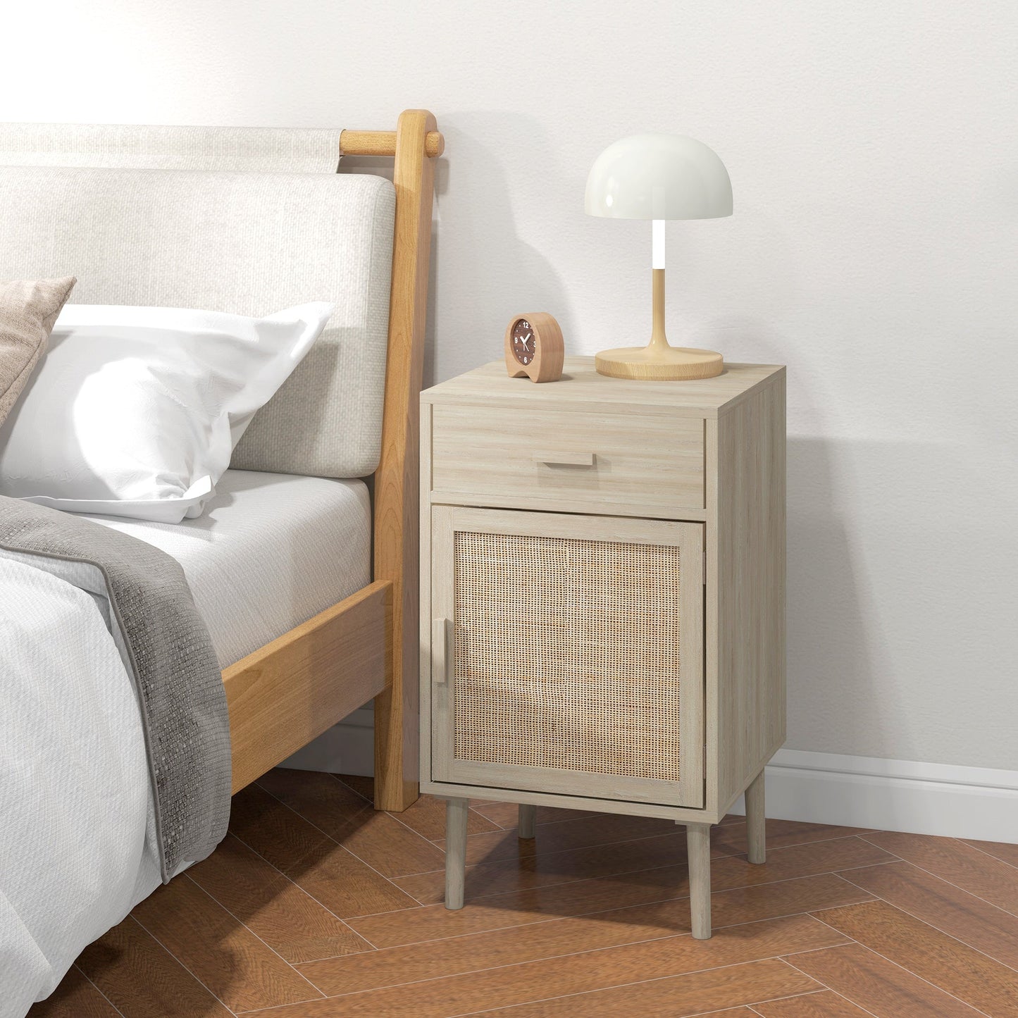 Set of 2 Bedside Tables for Bedroom with Drawer and Door in Boho Style Rattan, Wood Colour