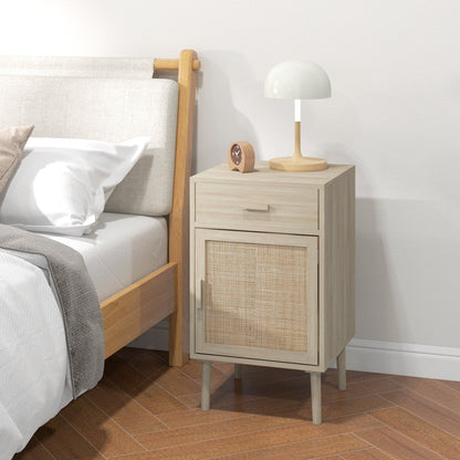 Set of 2 Bedside Tables for Bedroom with Drawer and Door in Boho Style Rattan, Wood Colour