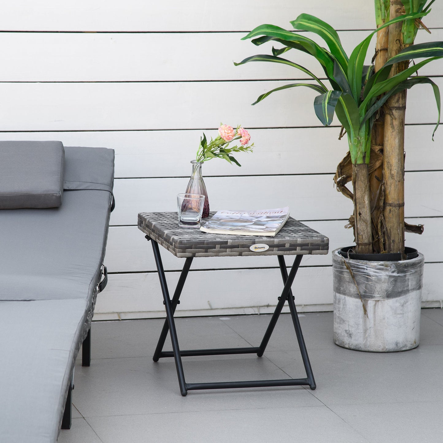 Space-Saving Folding Garden Table in Synthetic Rattan and Steel, 40x40x40cm, Grey