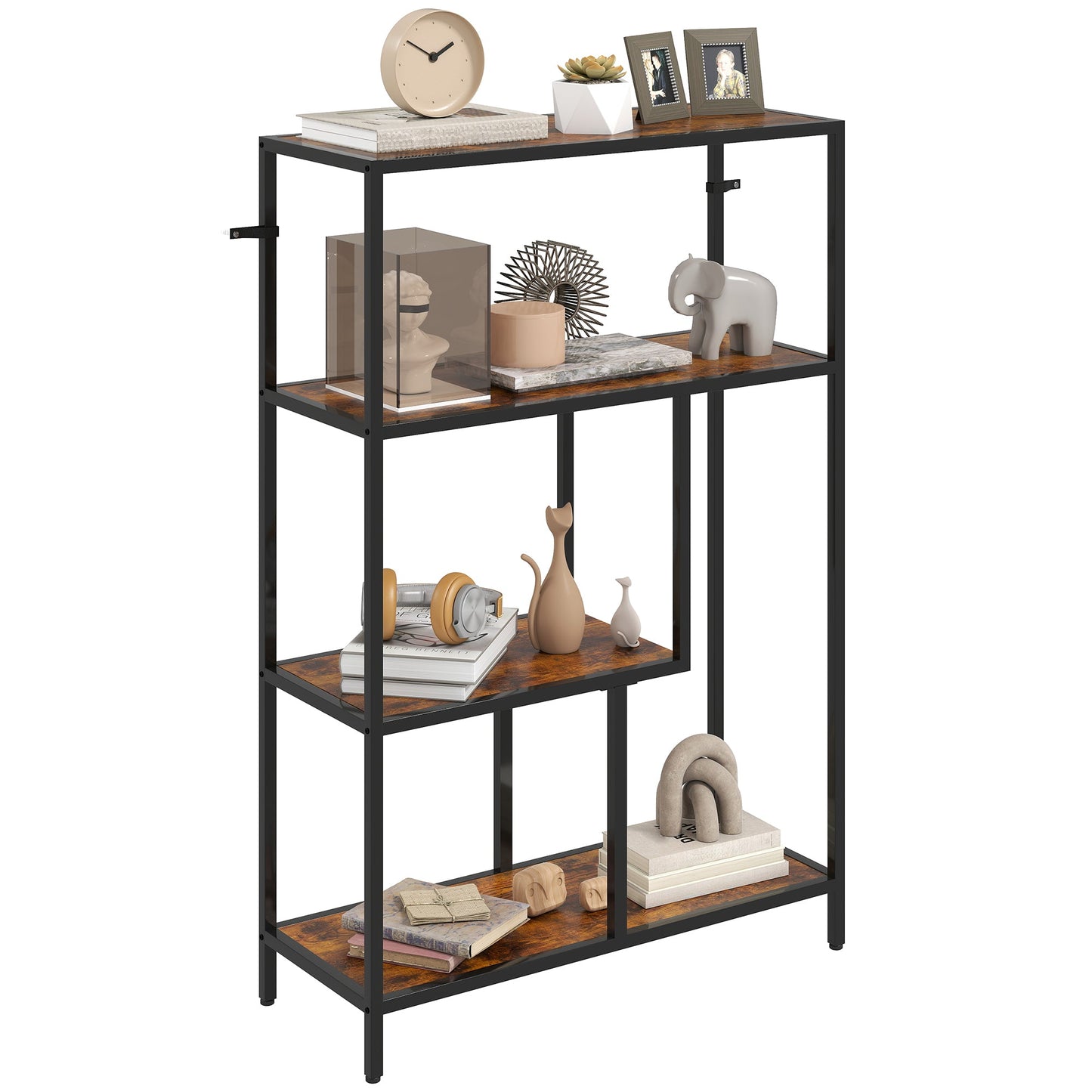 Industrial Style 4-Tier Bookcase in Wood and Metal, 77x30x116 cm, Rustic Brown