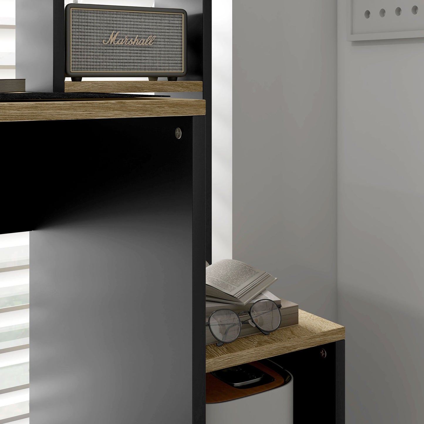 Modern Wooden Desk with Shelves and CPU Holder, 114x45x138cm, Grey and Natural Wood