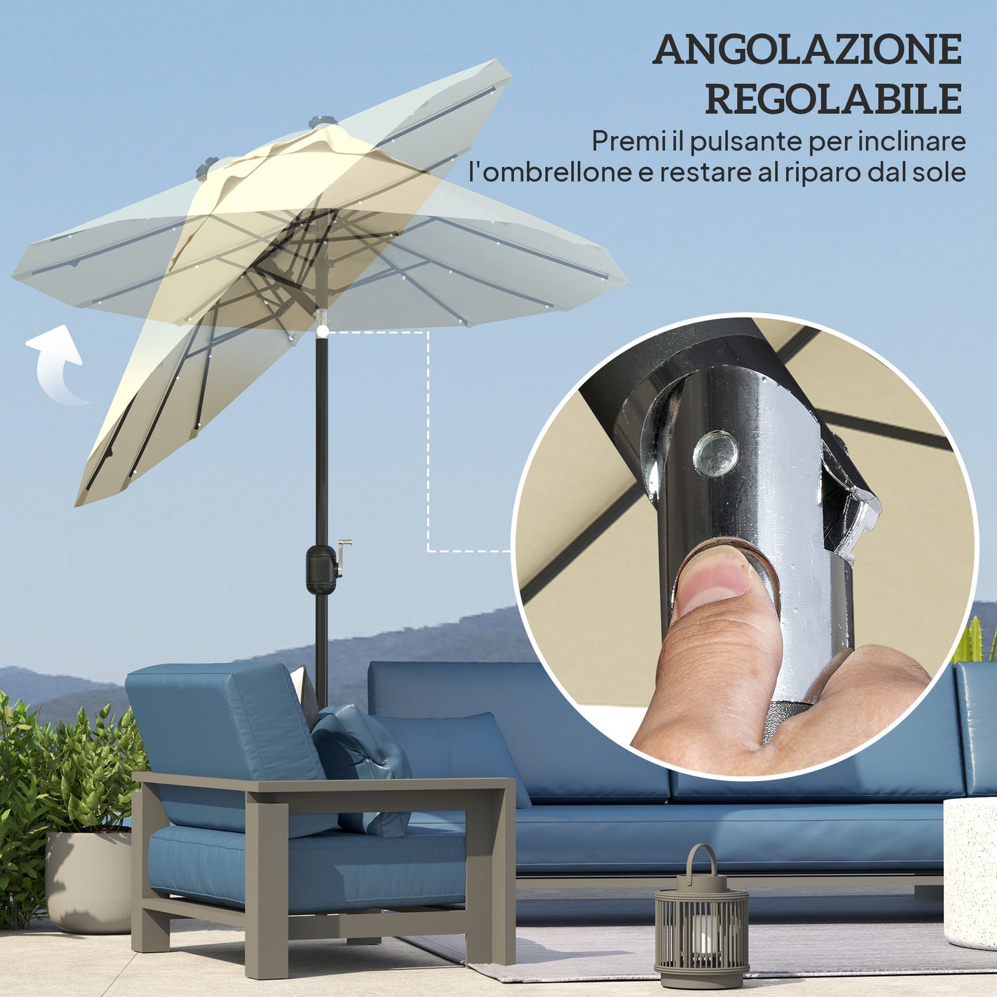 Double Parasol with LED Lights and Cross Base, in Polyester and Steel, 295x150x219 cm, Cream White