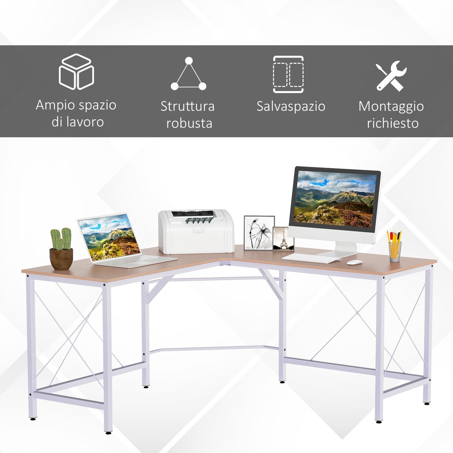 Desk spacious corner of wood and metal, oak and white